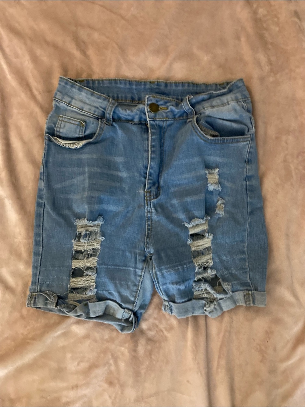 High-Rise Light Blue Distressed Denim Shorts